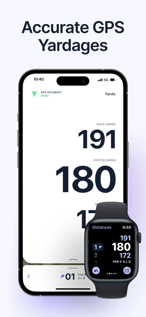 Hole19 app displaying accurate golf GPS yardages on iPhone and Apple Watch