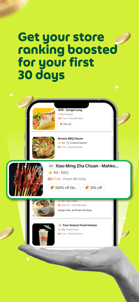 GrabMerchant App-Oberfläche, die die Funktion zur Steigerung des Geschäftsrankings und Angebote für Lebensmittelhändler anzeigt