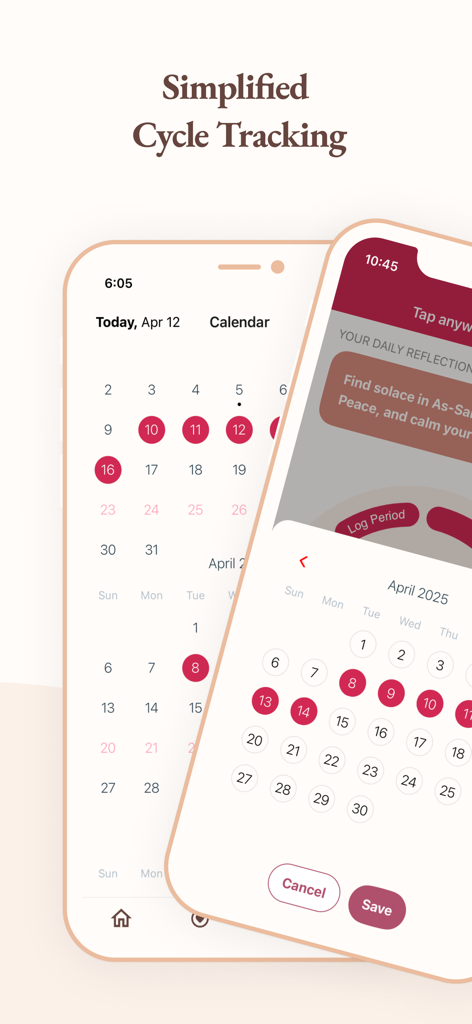 Ayda app screenshot displaying simplified menstrual cycle tracking and calendar features