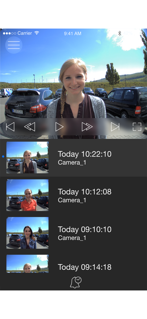 MOBOTIX LIVE - MOBOTIX LIVE app video playback screen showing camera feed and recorded events list