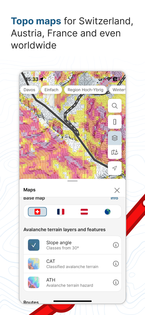 White Risk app interface showing topographic maps and avalanche terrain layers for winter sports planning.