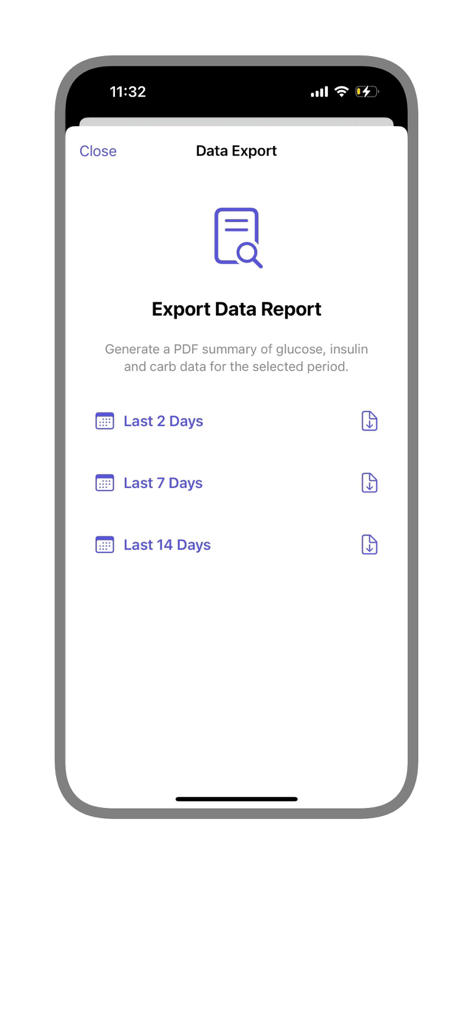 GlucoGuard - GlucoGuard app screen for exporting a PDF data report for glucose, insulin, and carb data over selected periods.