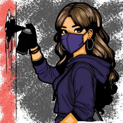 realistic girl with mask spray painting a wall