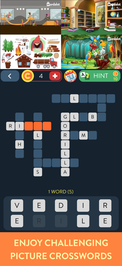 Wordalot – Picture Crossword - Capture d'écran du jeu mobile Wordalot montrant des indices en image et une grille de mots croisés.
