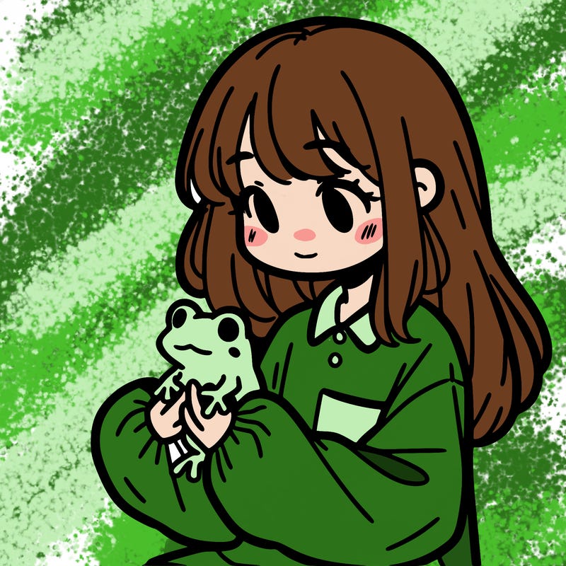 girl with long hair and a oversized shirt. and she is holding a frog