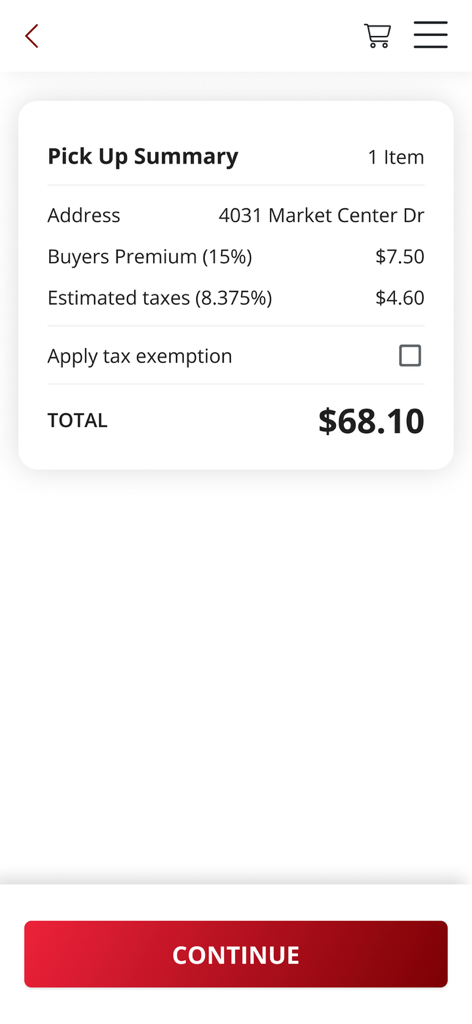 Pantalla de resumen de recogida en la aplicación Nellis Auction que muestra el precio total y la dirección de recogida