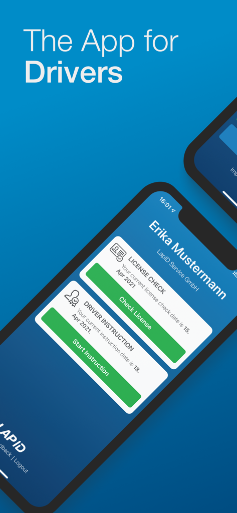 LapID Fahrer-App-Oberfläche zeigt Status der Führerscheinkontrolle und Fahrerhinweise