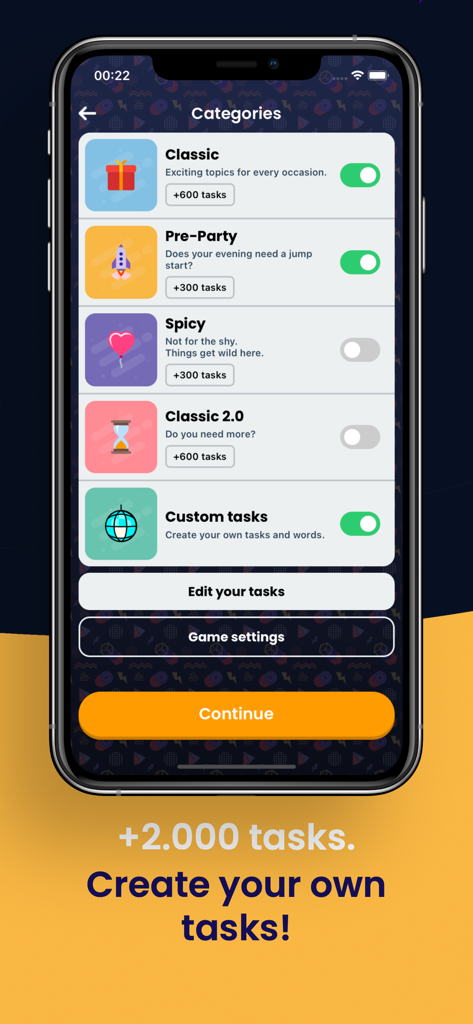 Tela do aplicativo Bomb Party mostrando categorias de jogos e opções de personalização.