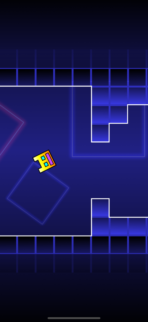 Block Dash Watch - Un personaggio a cubo giallo che naviga attraverso un percorso a ostacoli geometrico blu neon nel gioco Block Dash Watch.