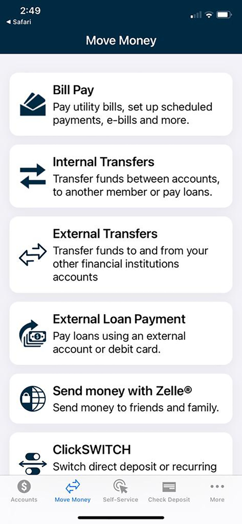 Affinity Federal Credit Union - Move Money menu in the Affinity Federal Credit Union mobile app showing bill pay Zelle and transfer options