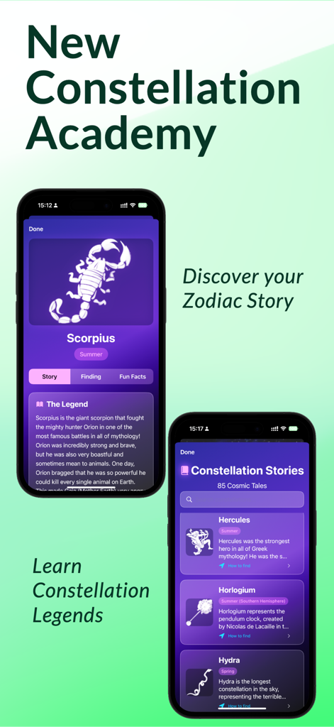 Pantallas de iPhone mostrando leyendas de constelaciones e historias del zodiaco en la aplicación Skymap.