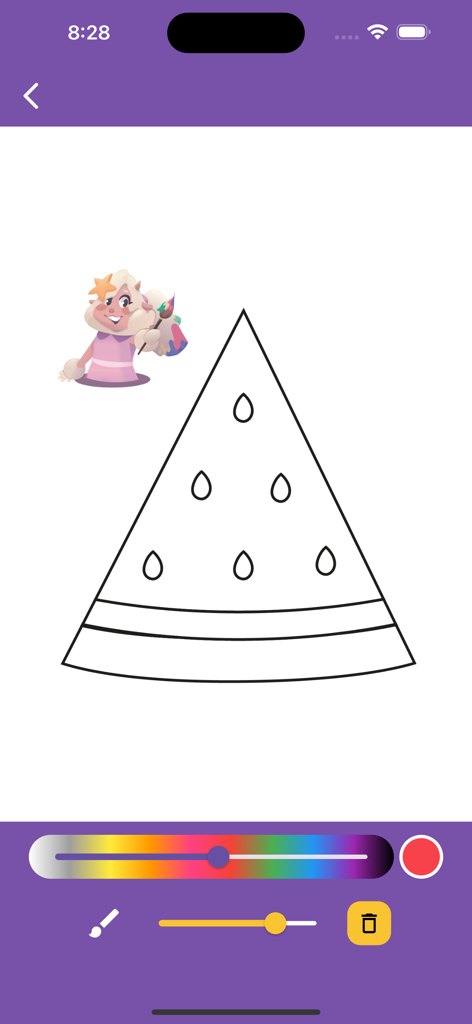 النجوم | Al-Nujoom - A screenshot of the Al-Nujoom app showing a coloring activity with a watermelon slice outline and a mascot holding a paintbrush.