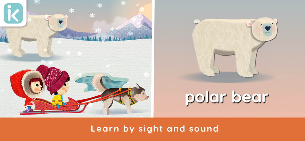 Children on a dog sled in the snow and a polar bear vocabulary card in the Peg and Pog app