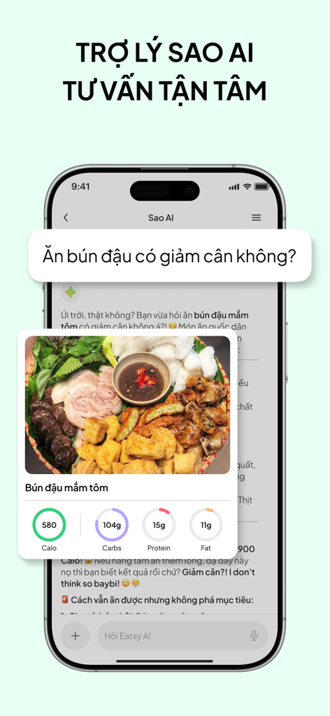 Assistente IA Sao dell'app Eatsy che analizza calorie e macro nutrizionali per un piatto tradizionale vietnamita