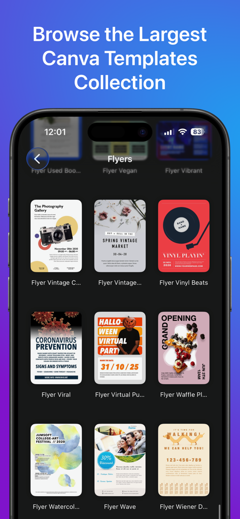 Templates for Canva - さまざまなイベントやビジネス向けのさまざまなデザインスタイルを示す、Templates for Canvaアプリ内のフライヤーテンプレートのコレクション。