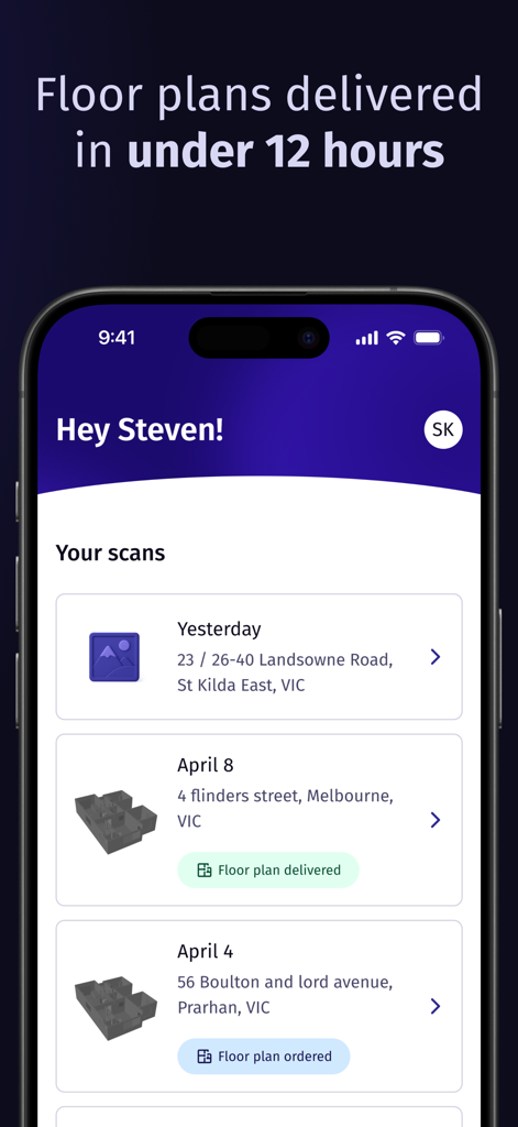 Roomio: floor plan creator - 物件スキャン履歴と12時間間取り図配送状況を表示するRoomioアプリのダッシュボード。