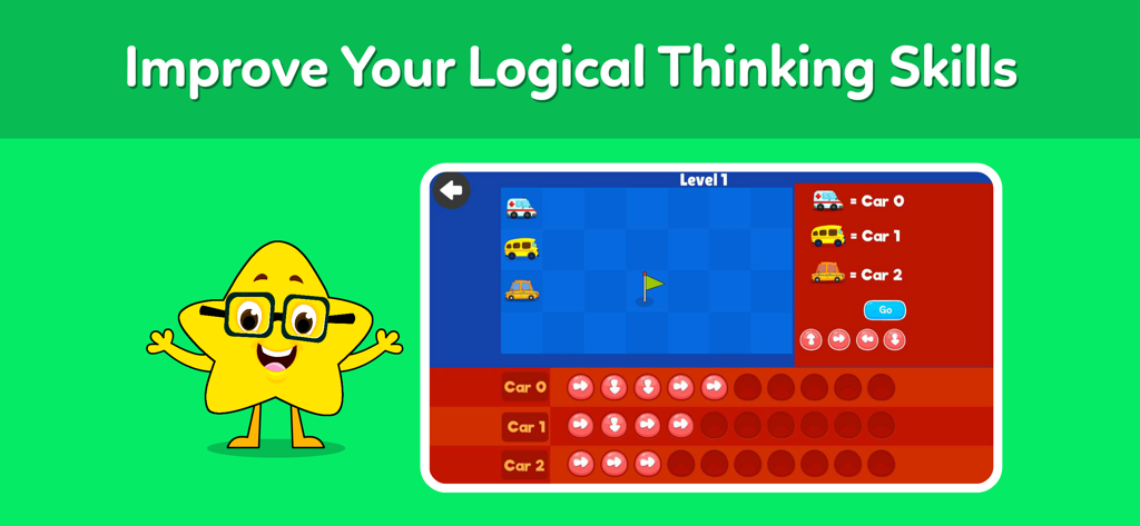 Pantalla de juego educativo que muestra flechas direccionales para programar movimientos de vehículos para mejorar las habilidades de pensamiento lógico