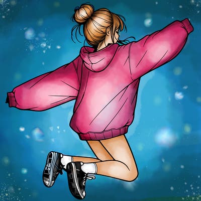 realistic girl jumping with a bun and oversized sweatshirt