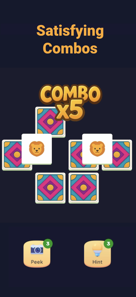Memory Match: Focus & Recall - A screenshot of the Memory Match game displaying a combo x5 message after matching lion cards