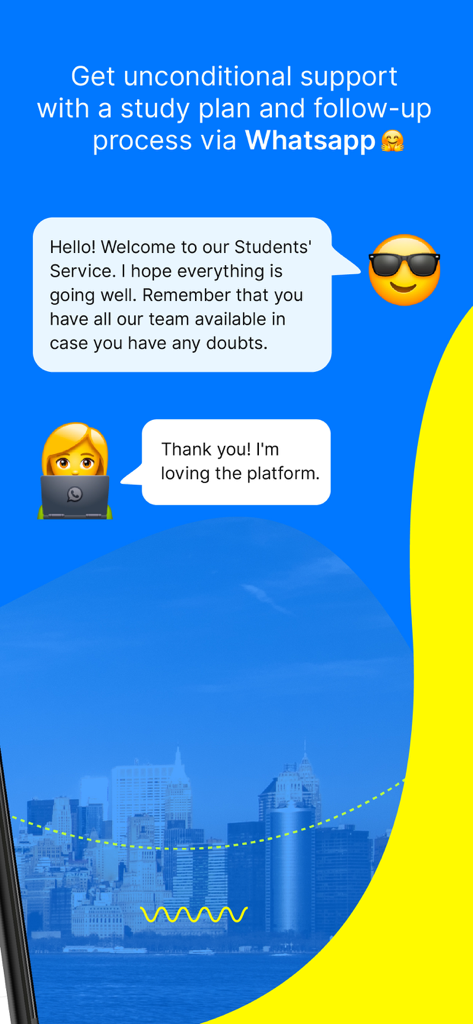 Open English app interface showing student support and study plan follow up via WhatsApp chat bubbles