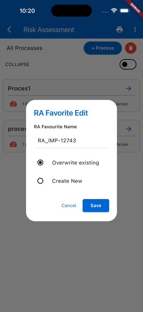 Risk Assessment favorite edit dialog in the CMO Compliance V19 app