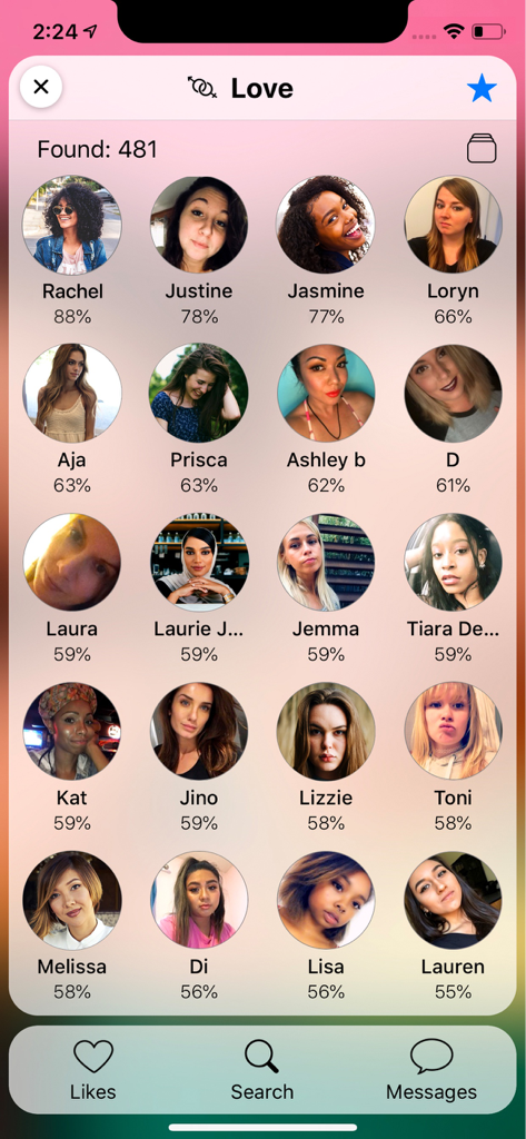 Palmist - A screen in the Palmist app showing profile pictures of women with their love compatibility percentages