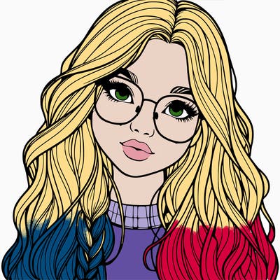 girl with long hair and freckles and glasses realistic