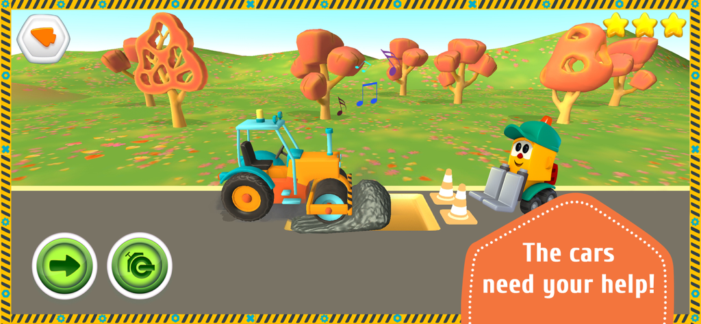 A road roller and a forklift character in a construction scene from Leo the Truck and Cars Game.