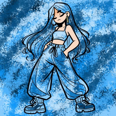 girl in baggy pants crop top and long hair