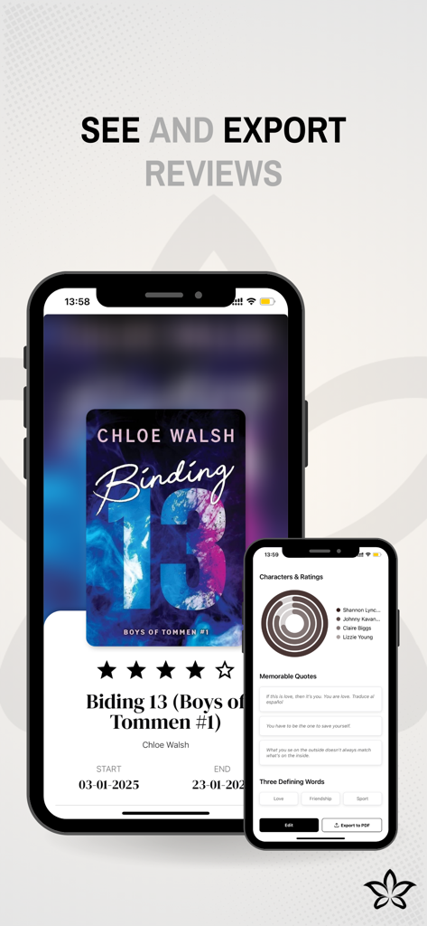 Liryo: Reading Journal - Pantallas de la aplicación Liryo que muestran los detalles de las reseñas de libros con calificaciones de estrellas y un botón de exportación en PDF