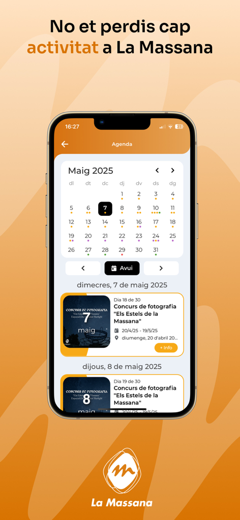 Event calendar and local agenda screen in the La Massana plus mobile application.