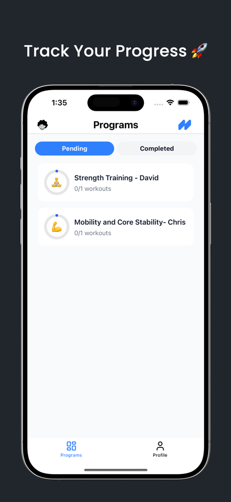 The FitEase app interface listing pending strength and mobility training programs assigned by a coach
