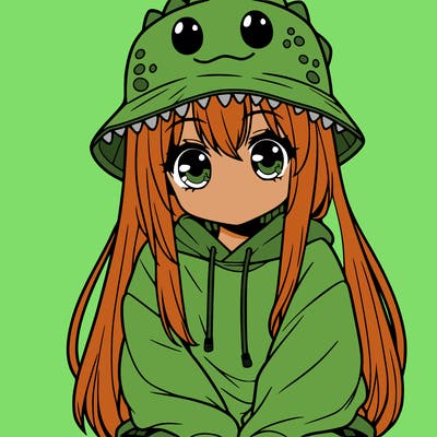 girl with anime shaped eyes with a dinosaur bucket hat oversized sweatshirt long straight hair