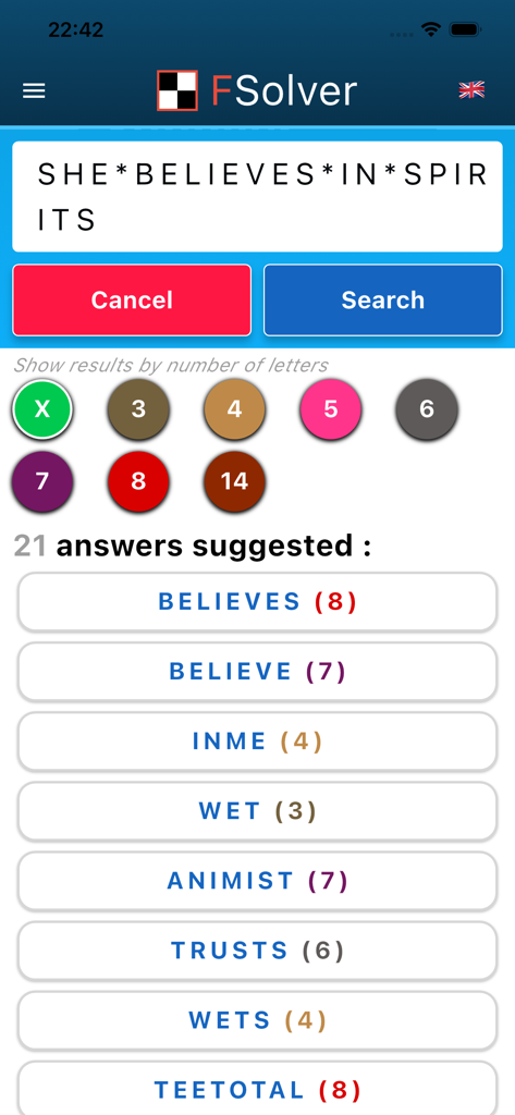 L'écran des résultats de recherche de l'application FSolver montrant une liste de suggestions de réponses de mots croisés basées sur un indice spécifique.