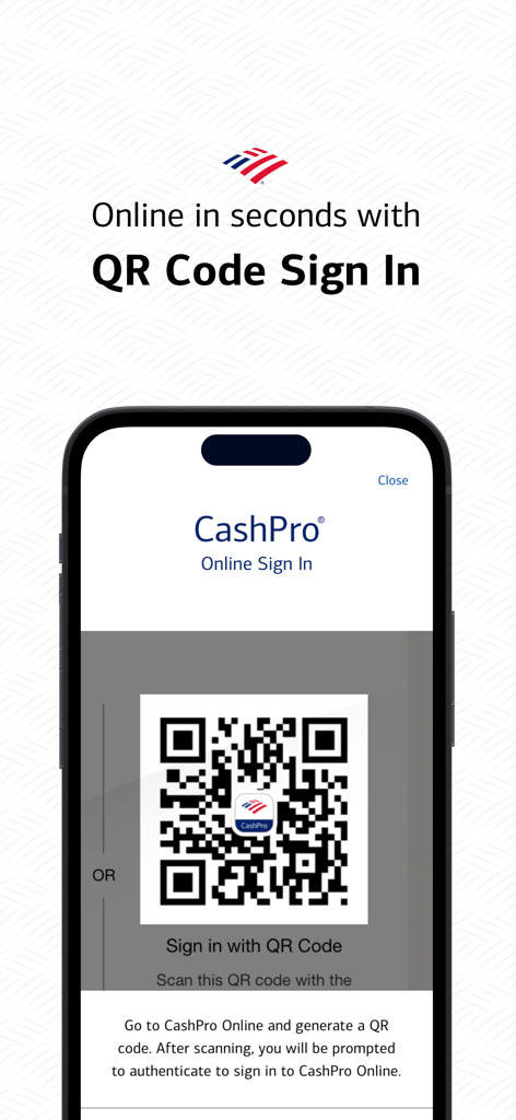 Aplicativo Bank of America CashPro exibindo o recurso de login por código QR em um dispositivo móvel