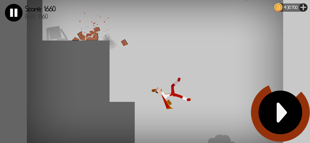 A stickman character in a red outfit falling down in a physics ragdoll simulation game.