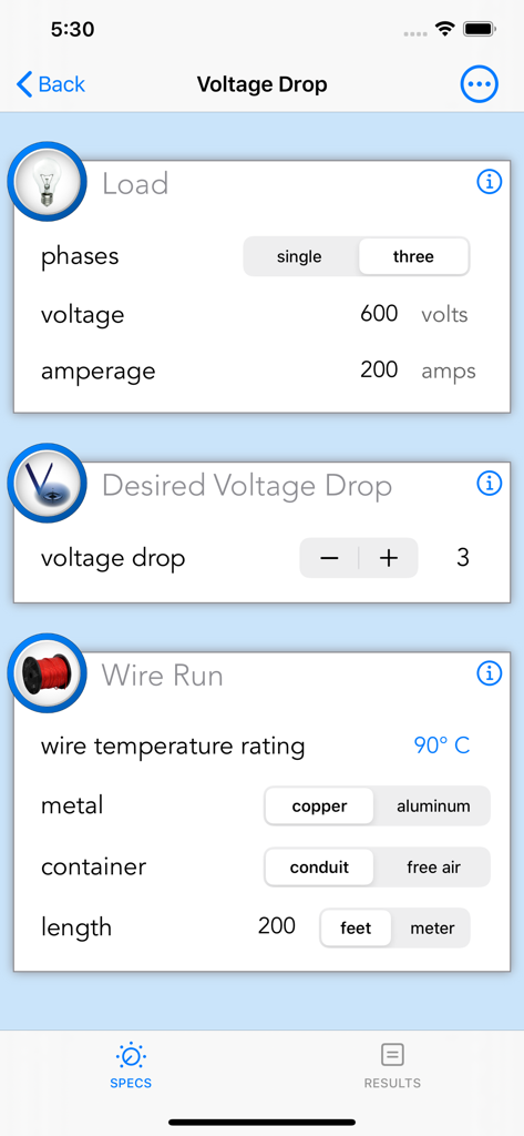 Oberfläche der E-Calc Journeyman-App zur Berechnung des elektrischen Spannungsabfalls.