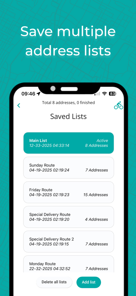 IBI - Optimal route planner - Interface of IBI app showing several saved address lists for optimized delivery routes.