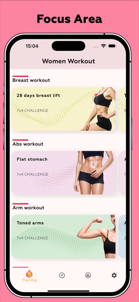 Women Workout - Burn Belly Fat - Menú de entrenamiento para mujeres que muestra desafíos para levantar el busto, abdomen plano y brazos tonificados.