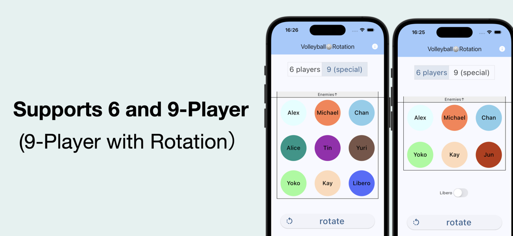 Volleyball rotation &customize - Interface showing 6 and 9 player volleyball rotation layouts with customizable player names