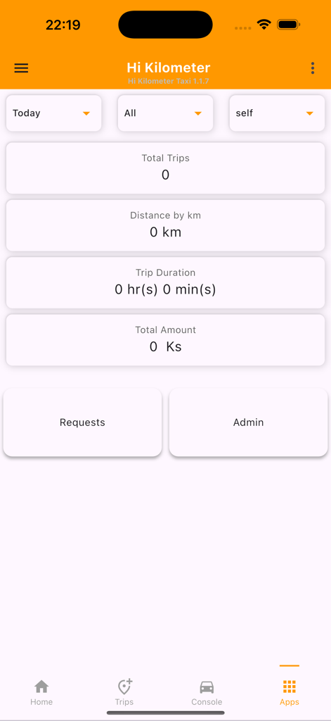 Hi Kilo Taxi - Interface do aplicativo Hi Kilo Taxi mostrando estatísticas de resumo de viagem, incluindo distância em quilômetros e valor total da tarifa