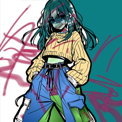 anime teen girl with baggy pants and crop top with sweater