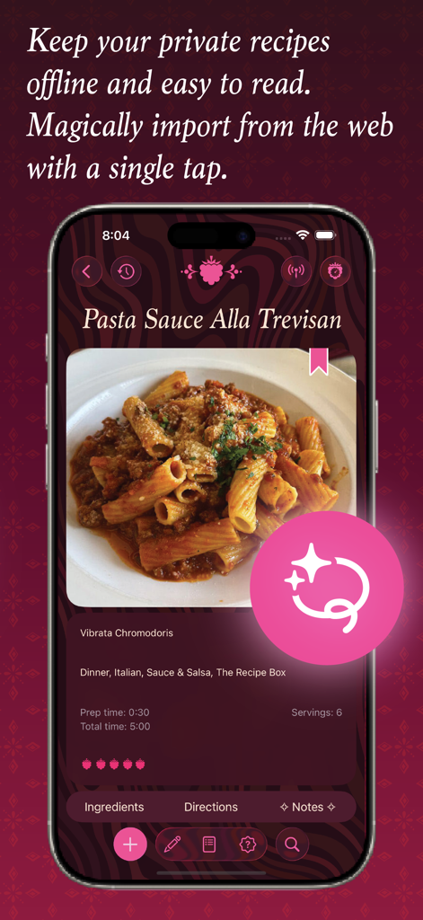 Una tarjeta de receta digital para Salsa de Pasta Alla Trevisan dentro de la interfaz de la aplicación móvil The Recipe Box To Go.