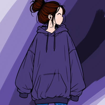 realistic girl with a oversized sweatshirt on and a bun