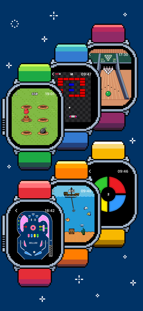 Uma coleção de jogos de arcade retrô em pixel art exibidos em várias telas do Apple Watch