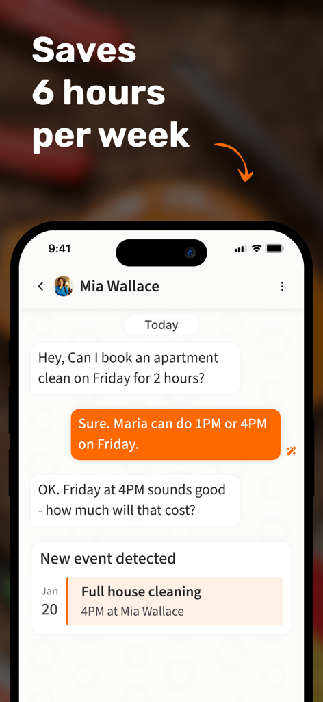 Overbooked : AI Field Service - AI 비서가 채팅을 통해 자동으로 청소 예약을 잡는 것을 보여주는 Overbooked 앱 스크린샷.