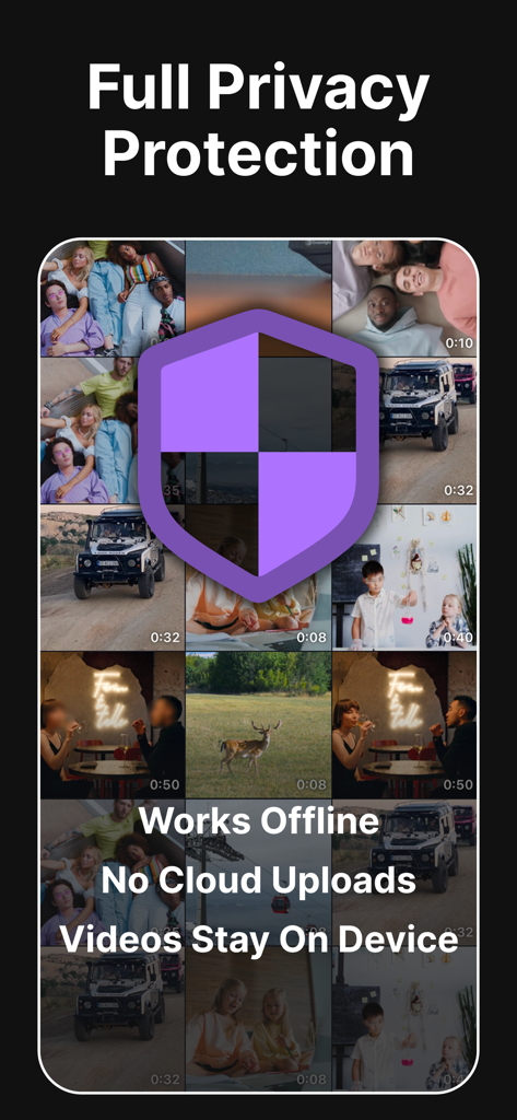 AI Blur Video - Mosaic Editor - Screenshot of the AI Blur Video app highlighting full privacy protection with offline on-device video processing and no cloud uploads