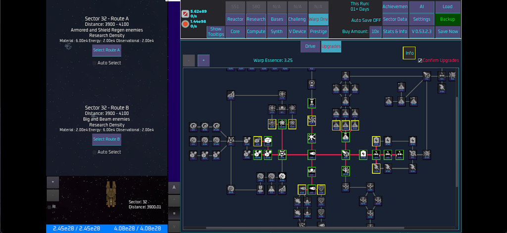 Unnamed Space Idle - A complex sci-fi upgrade tree and ship customization menu in Unnamed Space Idle.