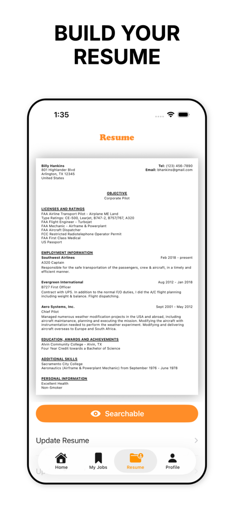 climbto350: aviation job board - A mobile app interface for building a professional aviation resume featuring pilot licenses and work history