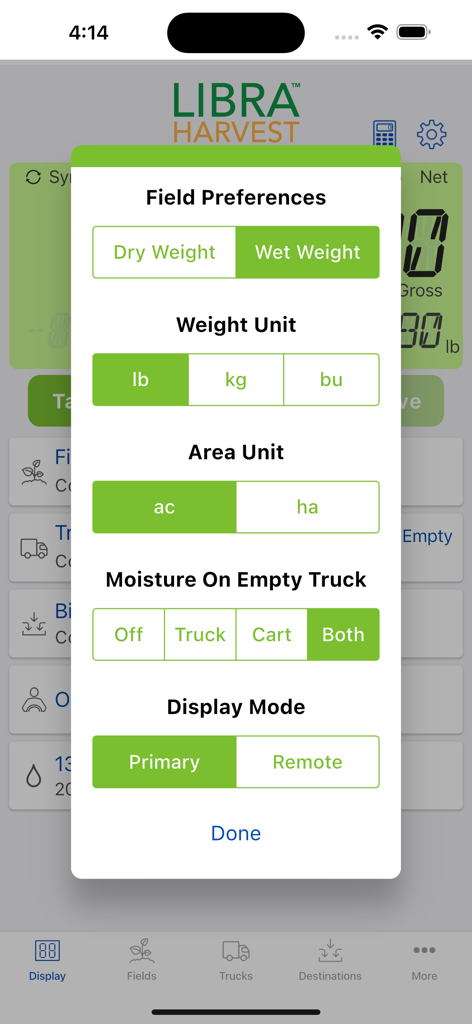 Settings menu in Libra Harvest app for selecting weight units and field preferences